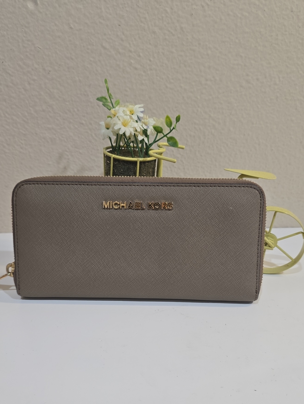 Michael Kors Taupe Saffiano Zip Wallet with Gold Hardware